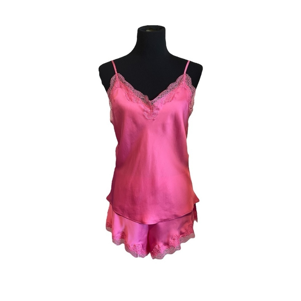 Victoria Secret Satin Pajama Set with Lace Trim and Adjustable Straps